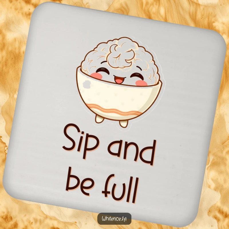 Funny drink coaster with a delighted, anthropomorphic rice bowl character beaming with satisfaction, adding a touch of humor.