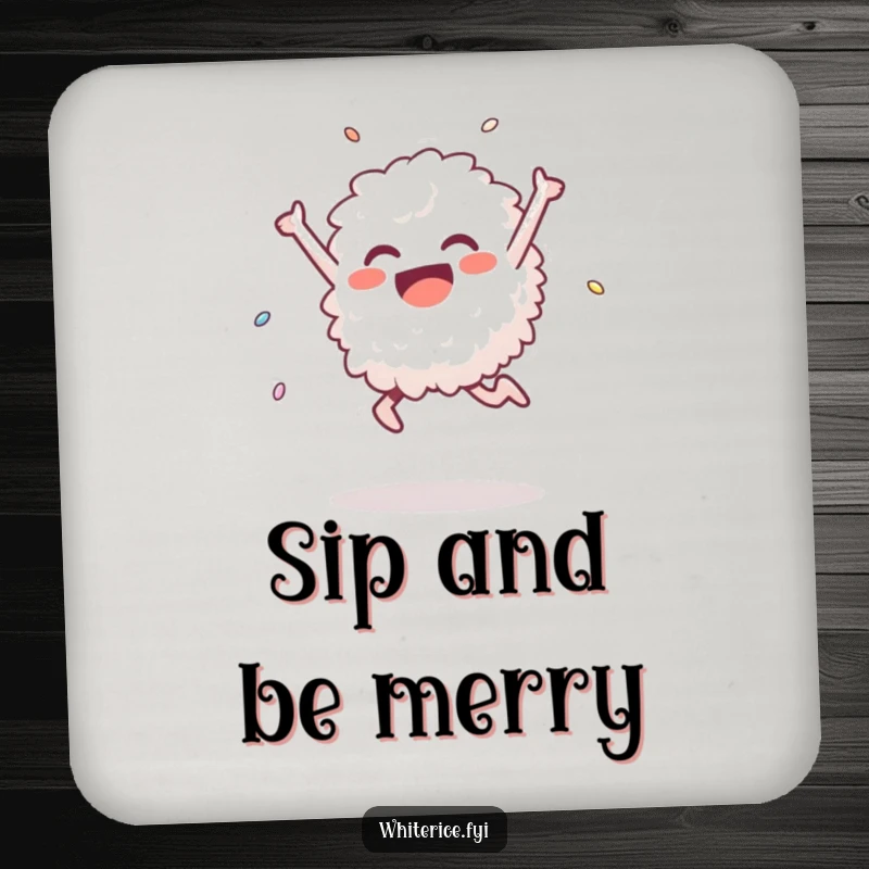 Funny coasters featuring a delighted white rice grain performing a triumphant leap, providing surface protection with a humorous and celebratory artistic touch.