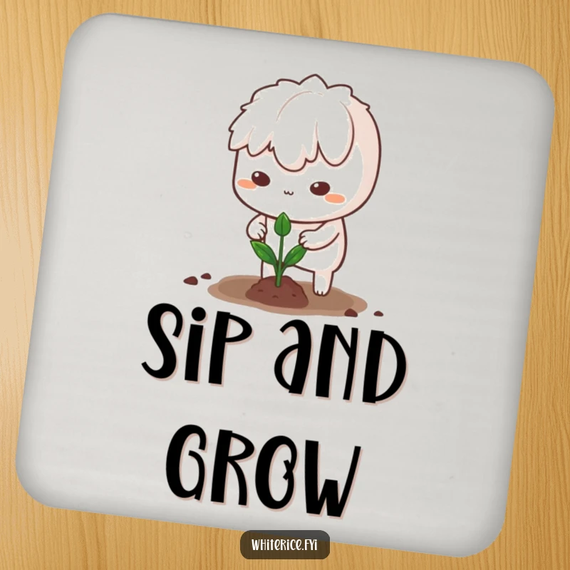 Funny drink coaster featuring a determined white rice character planting a sprout, for surface protection with humor.
