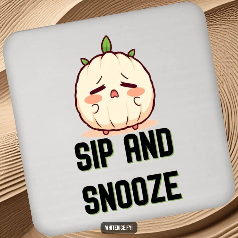 Funny drink coaster featuring a sleepy rice grain character yawning, perfect for protecting surfaces with a humorous touch.