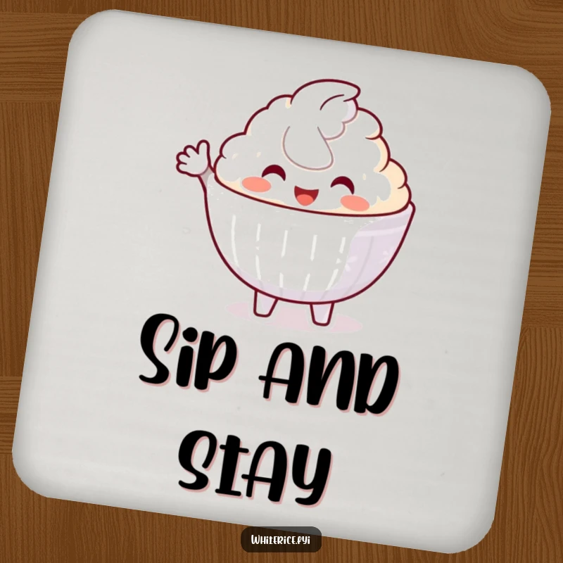 Funny drink coasters featuring a delighted white rice bowl character with a welcoming gesture, perfect for hospitable drink service.
