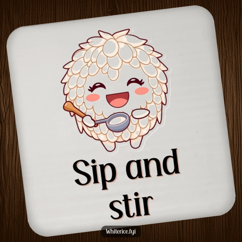Funny coaster featuring a joyful rice character with a huge smile and a tiny ladle, adding culinary charm to drink service.