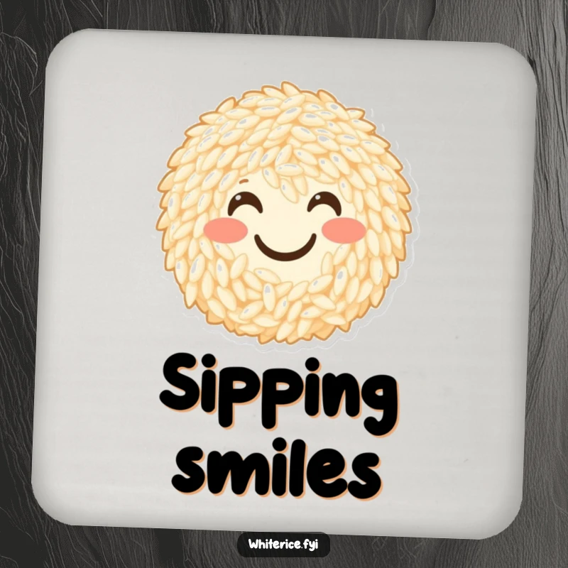 Funny drink coaster featuring a cheerful bunch of rice grains forming a happy smiley face. Adds playful humor.