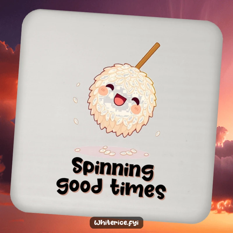 Funny Rice Coaster: A playful grain of rice doing a somersault near a chopstick, adding a humorous and whimsical touch to drink protection.