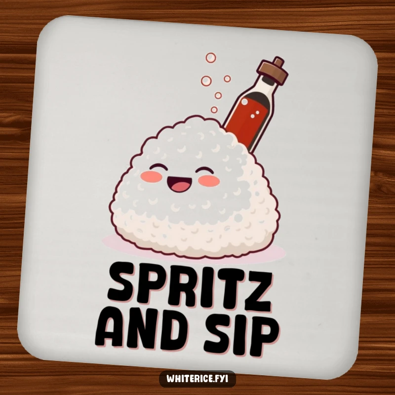 Funny drink coaster featuring a giggling mound of rice laughing as soy sauce sprays. Adds playful humor.