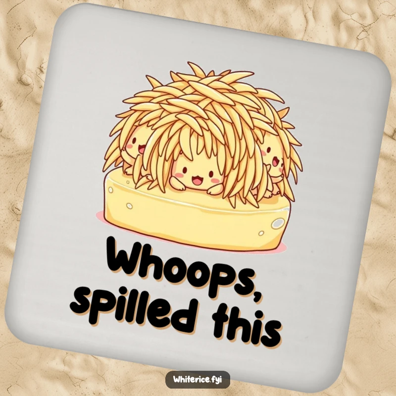 Funny drink coaster featuring confused rice characters hilariously slipping on butter, adding a touch of chaos to tabletops.