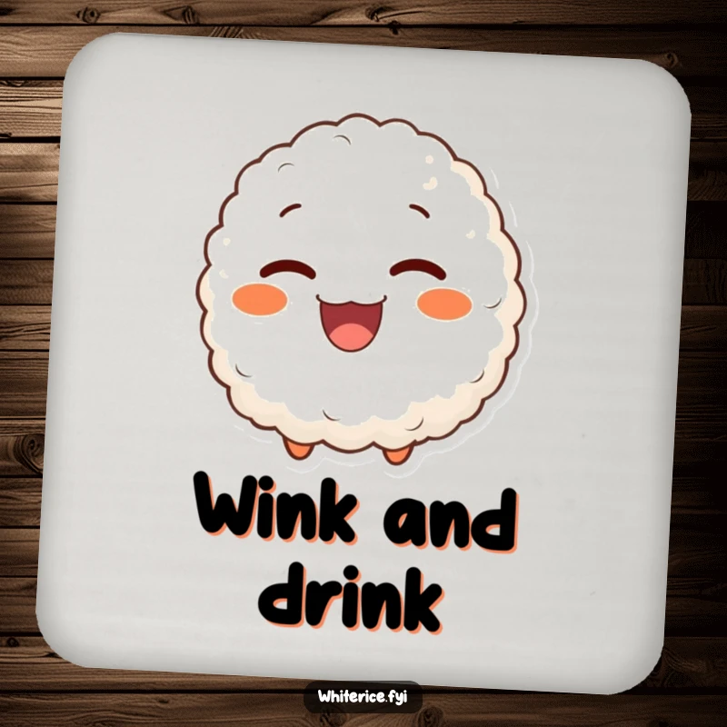 Funny coaster featuring a delighted rice ball character giving a joyful wink, a charming and practical accessory.