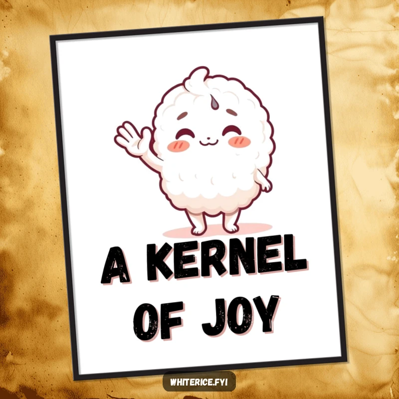 Funny rice character poster art with a joyous white rice figure waving enthusiastically. Adds a humorous and uplifting touch to walls.