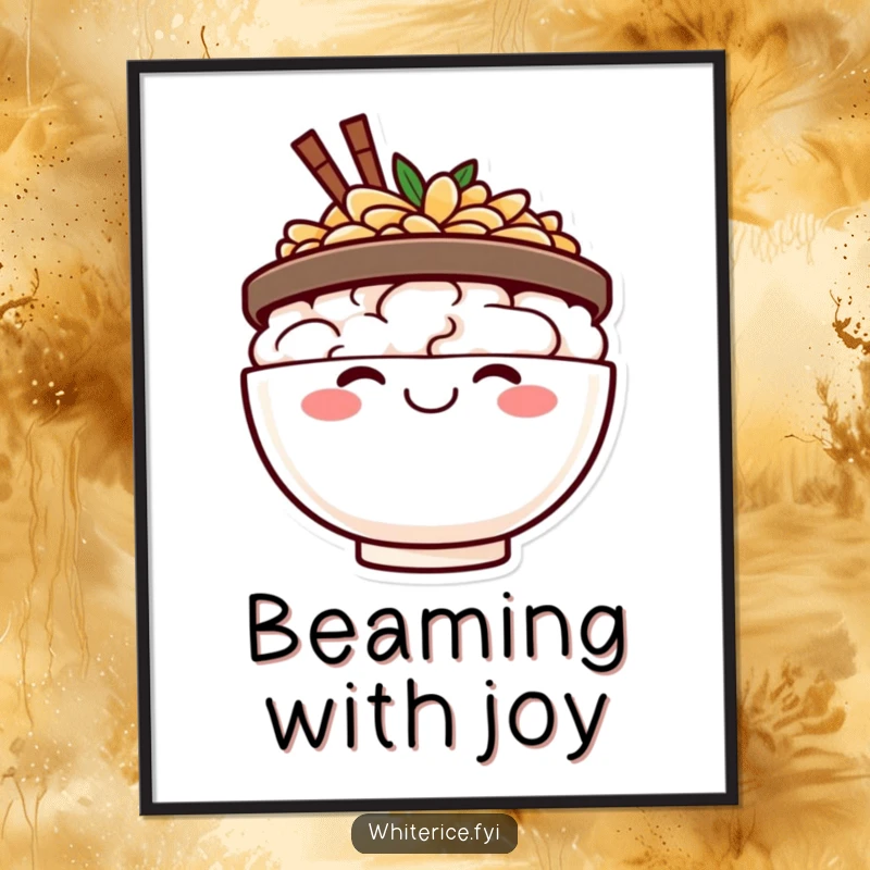 Funny happy rice bowl poster, beaming with a huge smile, a vibrant and joyful piece of wall art.
