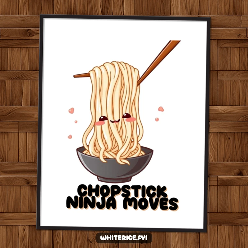 Funny poster illustrating a silly rice noodle playfully weaving through chopsticks in a dynamic and humorous composition.