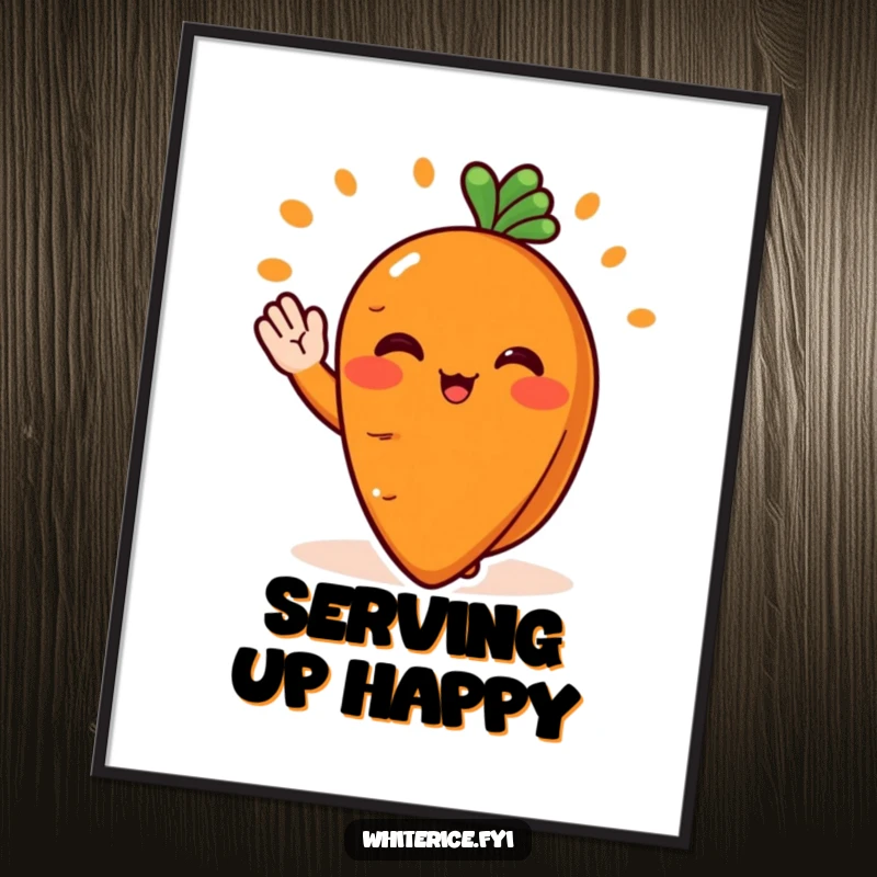 Funny poster of a blushing orange carrot slice character serving food with a cheerful wave, whimsical vegetable art.