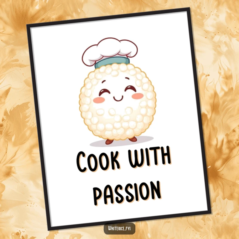 Funny smiling white rice grain character wearing a tiny chef hat, on a poster, embodying culinary expertise and cheerful vibes.