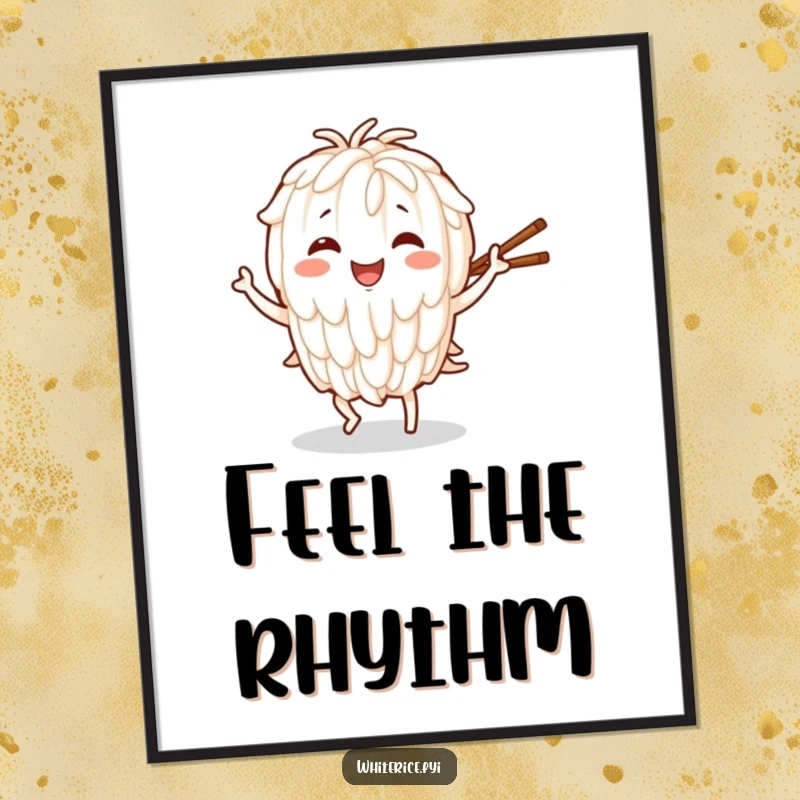 Funny poster featuring a smiling rice character in a dynamic dance pose, holding chopsticks, a vibrant and joyful artwork.