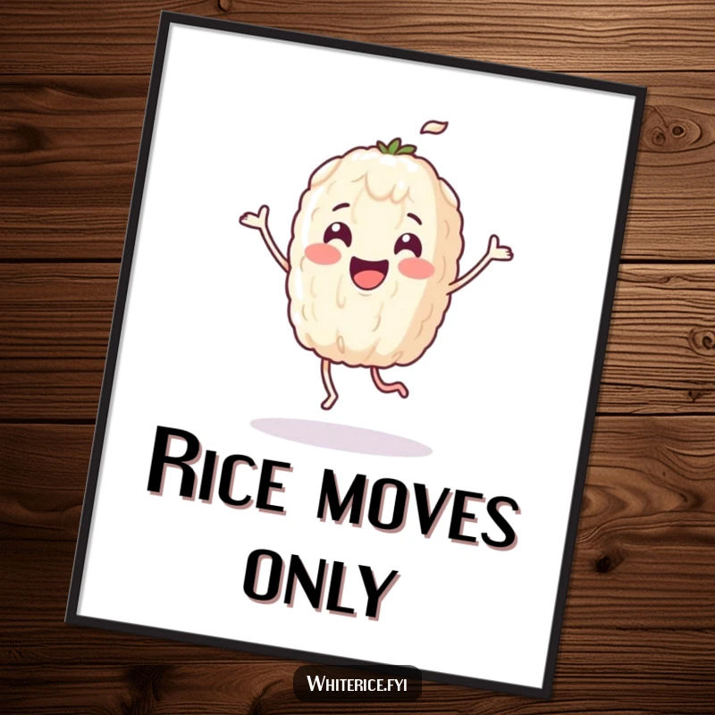 Funny poster featuring a happy rice grain character in a spontaneous, joyful dance, adding a whimsical touch to decor.