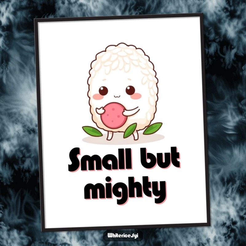 Funny Rice Poster: A determined grain of rice proudly pushing a tiny radish slice, serving as humorous motivation for any wall.