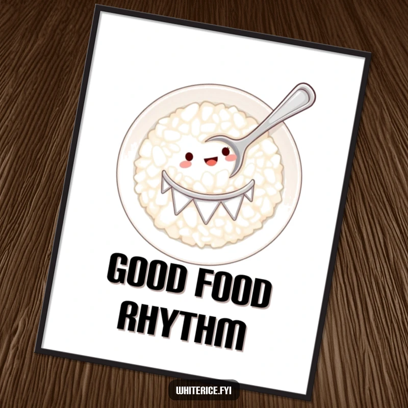 Funny white rice plate serving as a drum with a tiny spoon poster, capturing a fun and humorous musical moment.