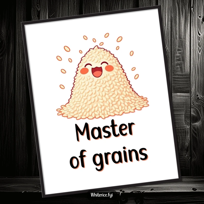 Funny juggling rice poster showing a joyful pile of rice playfully juggling small grains, adding playful decor.