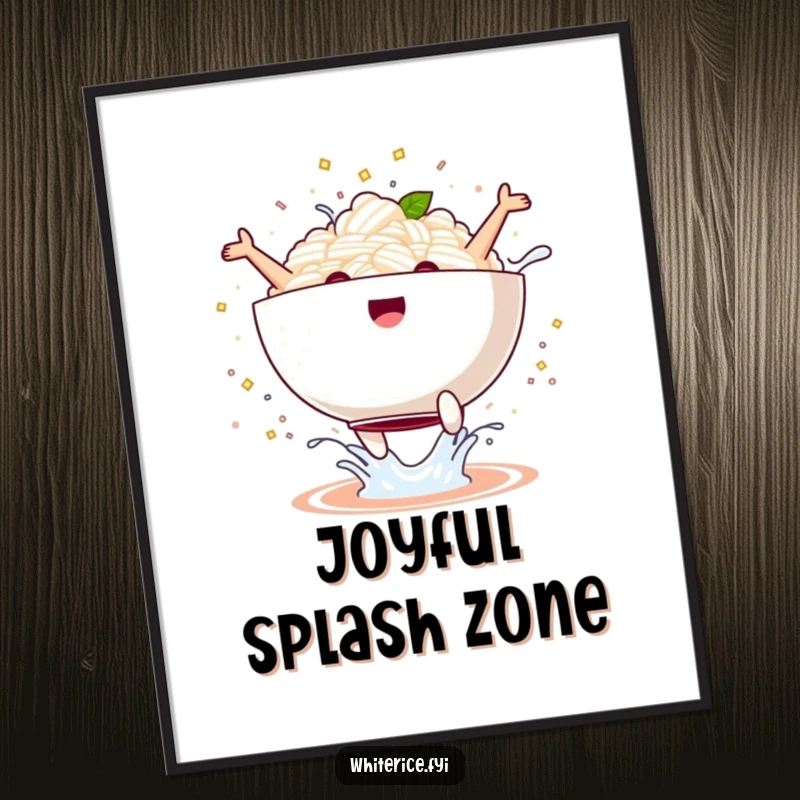 Funny kawaii rice bowl poster performing a joyful jump with a splash, vibrant and hilarious wall art, perfect funny gift.