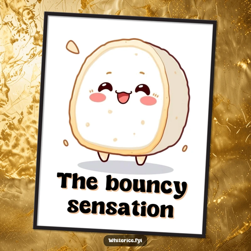 Funny kawaii poster of a cheerfully bouncing rice cake character, bringing a soft, happy vibe.