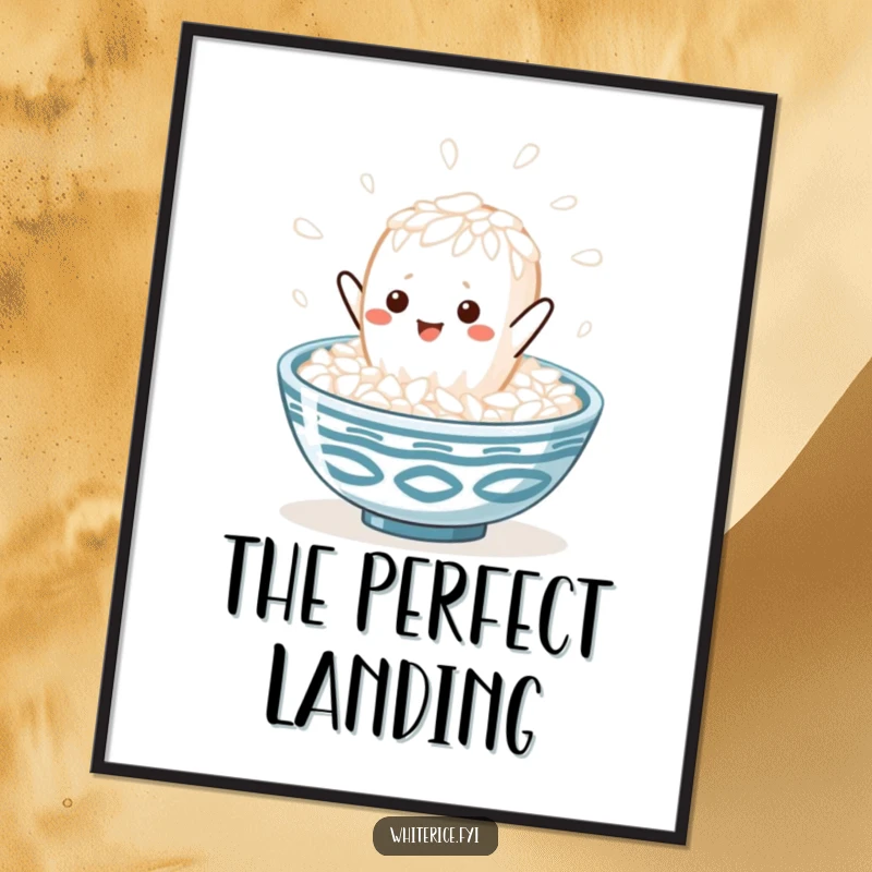 Funny kawaii white rice grain character in a joyous leap towards a steaming bowl of rice, showcased as a poster for cheerful decor.
