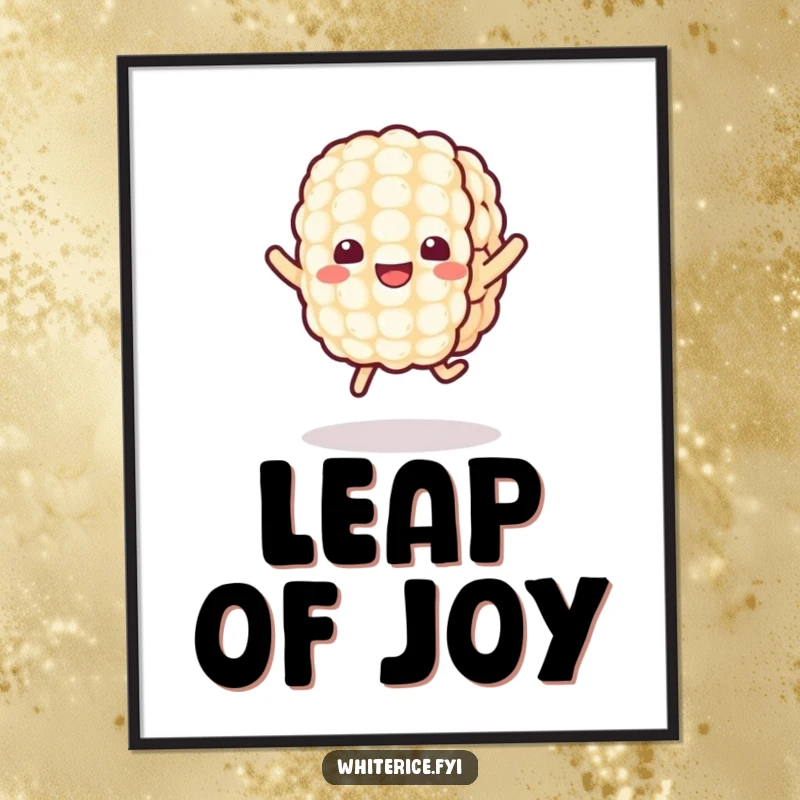 Funny Kawaii Rice Poster depicting a cheerful rice grain character joyfully leaping, bringing adorable energy and humor to walls.
