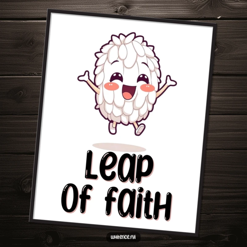 Funny poster depicting a cheerful white rice grain character in a comical, energetic leap, ideal for adding humor to walls.