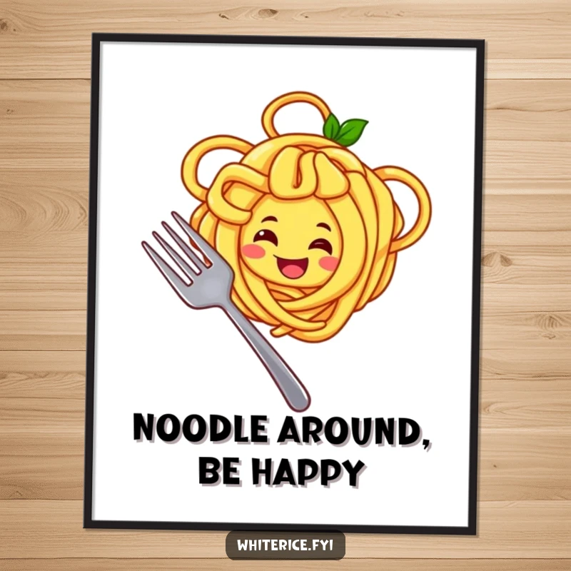 Funny poster of a joyful yellow noodle character smiling widely and twirling noodles around a fork, cheerful food art.