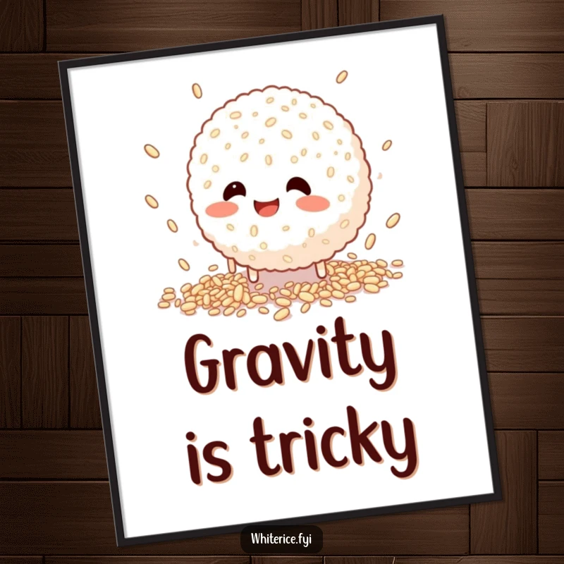 Funny poster illustrating a happy rice ball character comically failing to catch falling grains, bringing joyous clumsiness to decor.