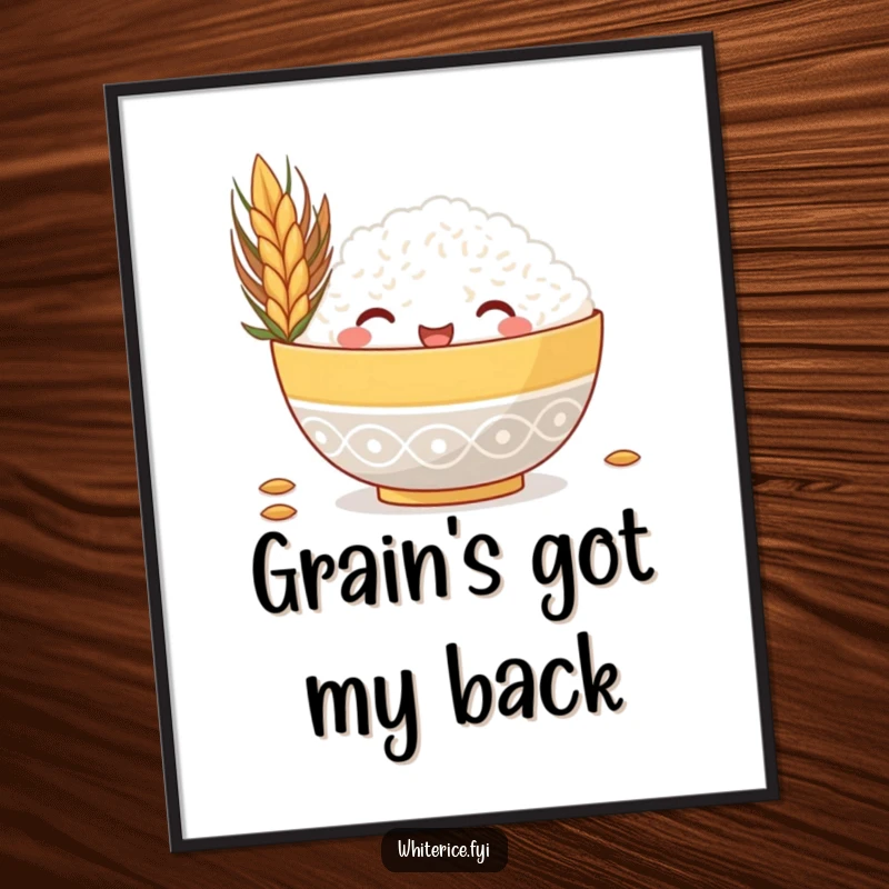Funny poster showcasing a joyful rice bowl peeking mischievously from behind a giant grain, a humorous food art piece.