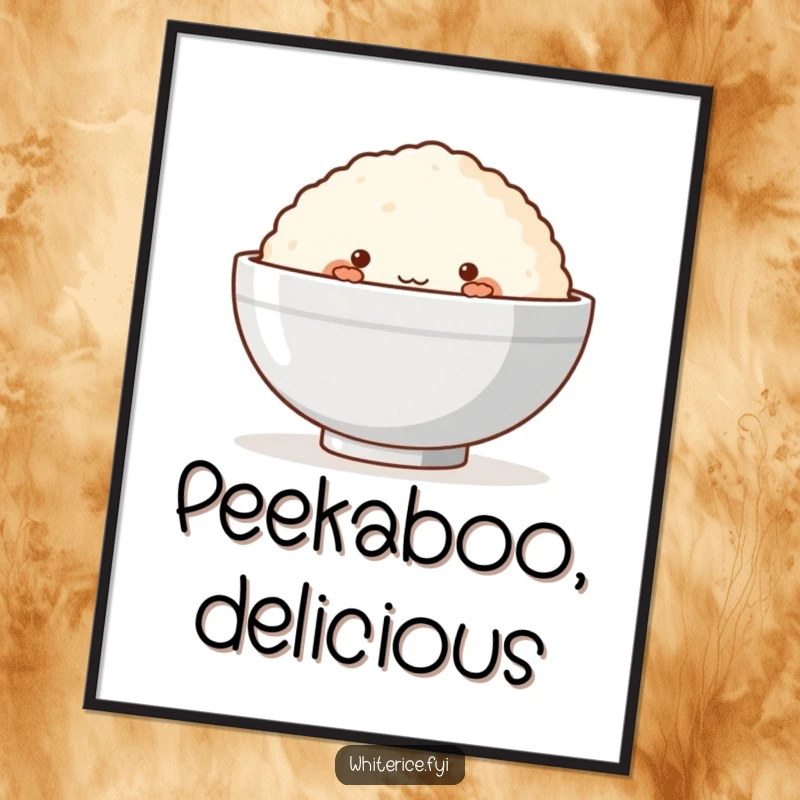 Funny poster of a blushing rice cake shyly peeking from behind a bowl, conveying sweet bashfulness and charm.