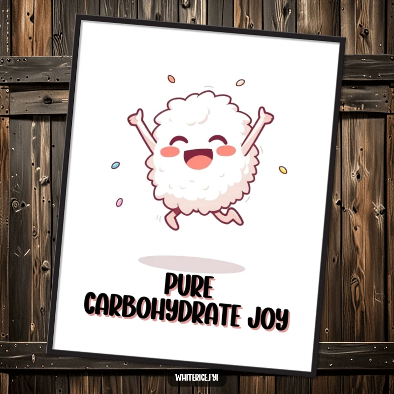 Funny poster of a delighted white rice grain performing a triumphant leap, capturing a moment of pure joy and a funny, celebratory dance for wall decor.