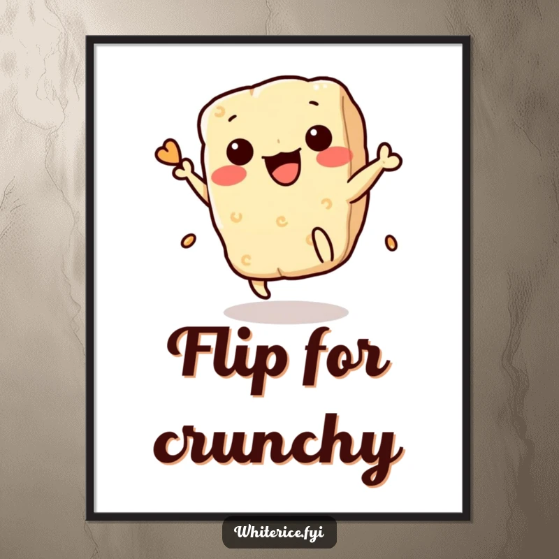 Funny Rice Cracker Poster: A dynamic Kawaii cracker in mid-air performing a playful flip, showcasing energetic movement and snack-inspired joy, ideal wall art.
