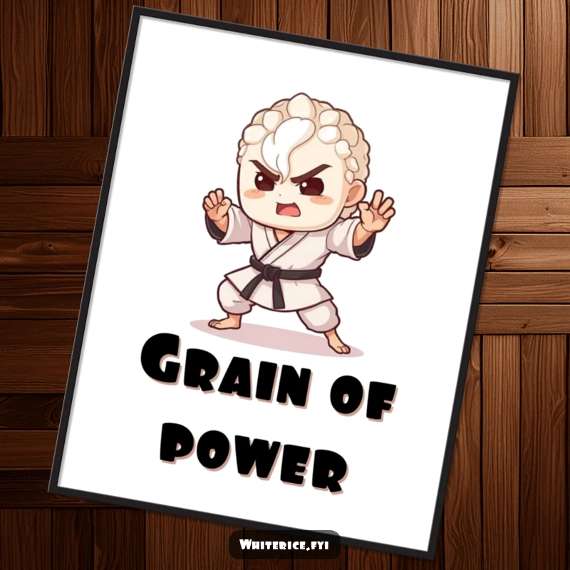 Funny poster featuring a delighted grain of rice in an epic martial arts pose, bringing humor to wall decor.