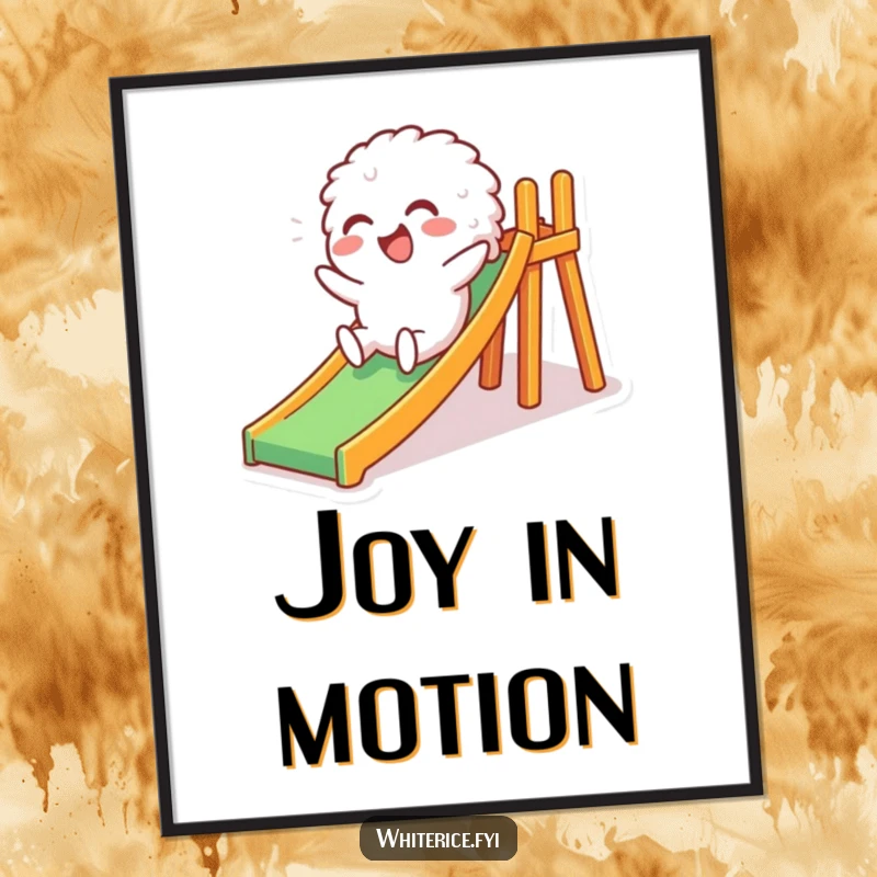 Funny poster illustrated with a giggling white rice character sliding down a mini slide, capturing pure childhood joy and a humorous, playful scene.