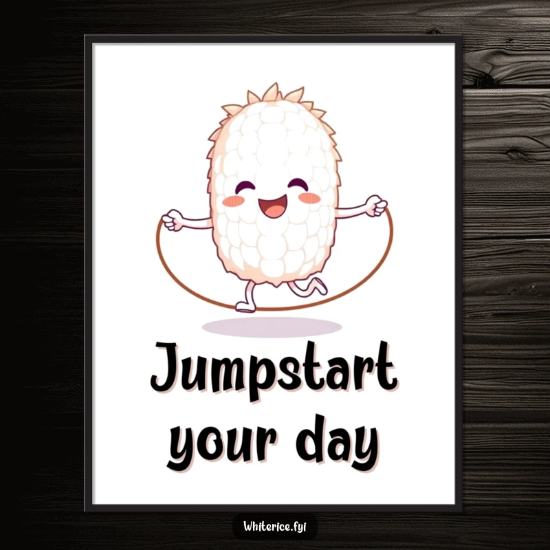 Funny poster art of a happy white rice grain jumping rope with joy, adding motivational humor.