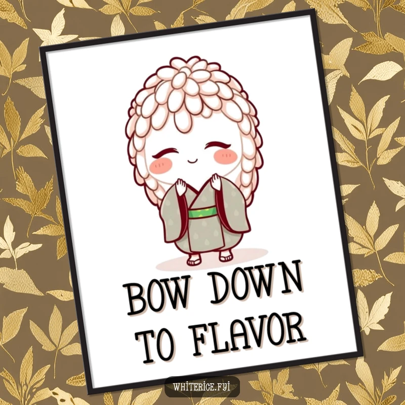 Funny poster featuring a smiling grain of rice in a tiny kimono, bowing. Elegant and humorous wall art.