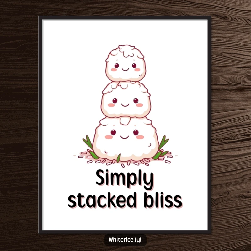 Funny poster art of a smiling stack of white rice characters forming a small, happy pyramid.