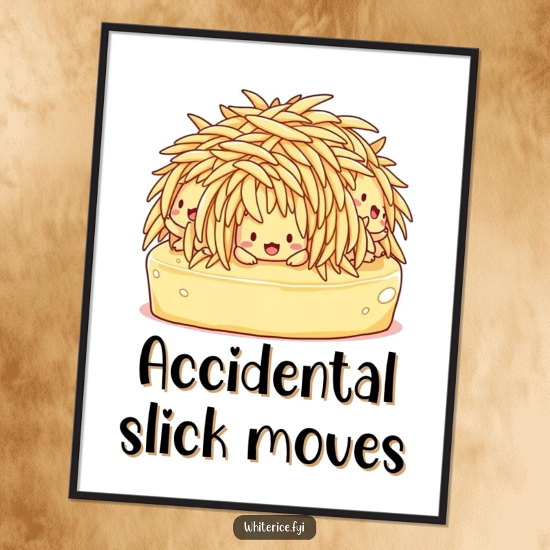 Funny poster showcasing a chaotic scene of confused rice characters hilariously slipping and sliding on butter.