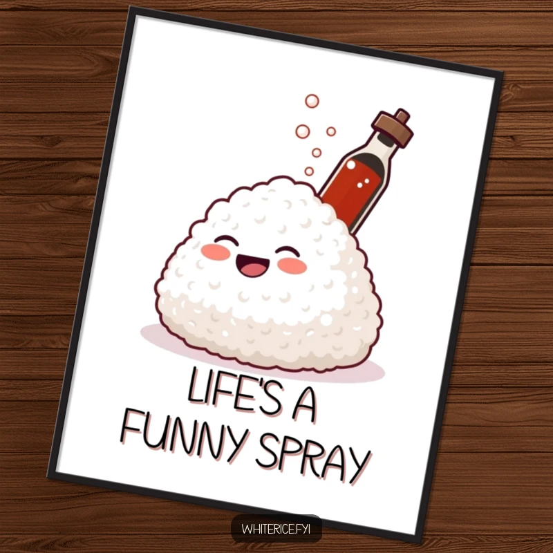 Funny poster print of a giggling mound of rice laughing as soy sauce sprays from a bottle. Humorous wall art.