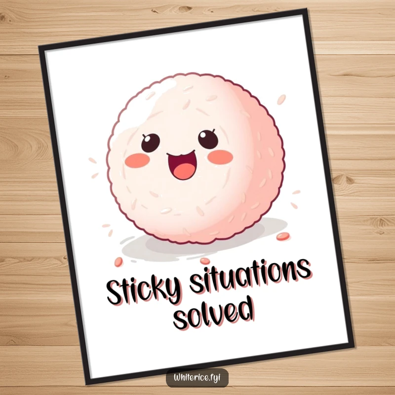 Funny kawaii sticky rice ball poster, character rolling with delight, vibrant and amusing wall art.
