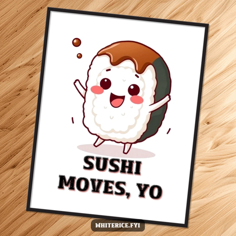 Funny kawaii sushi roll poster, art of character dancing energetically with soy sauce, vibrant wall decor.
