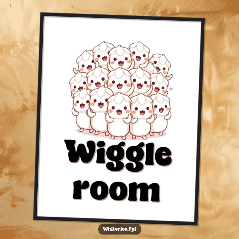 Funny poster showing a playful pile of white rice characters in a synchronized, mesmerizing wiggle, perfect for lively decor.
