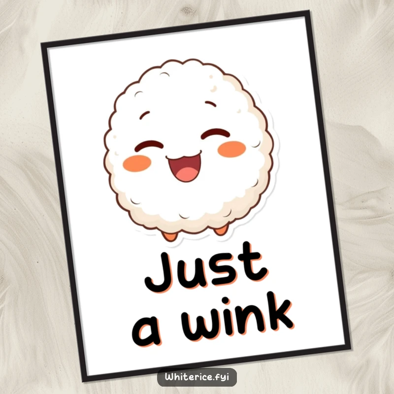 Funny poster featuring a delighted rice ball character giving a joyful wink, a charming and whimsical piece of food art.