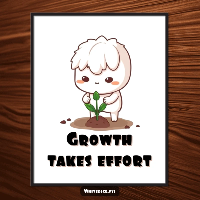 Funny poster art of a determined white rice character planting a minuscule sprout with unwavering focus.
