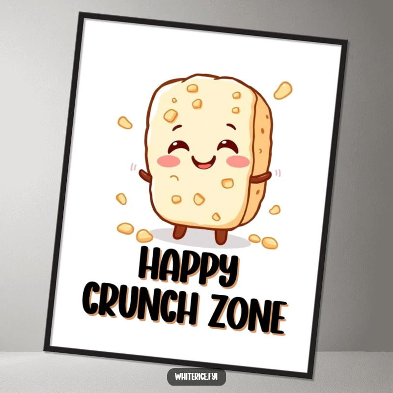 Funny poster featuring a cheerful, small rice cracker character crumbles slightly with a happy crunch, embodying pure, crispy joy.