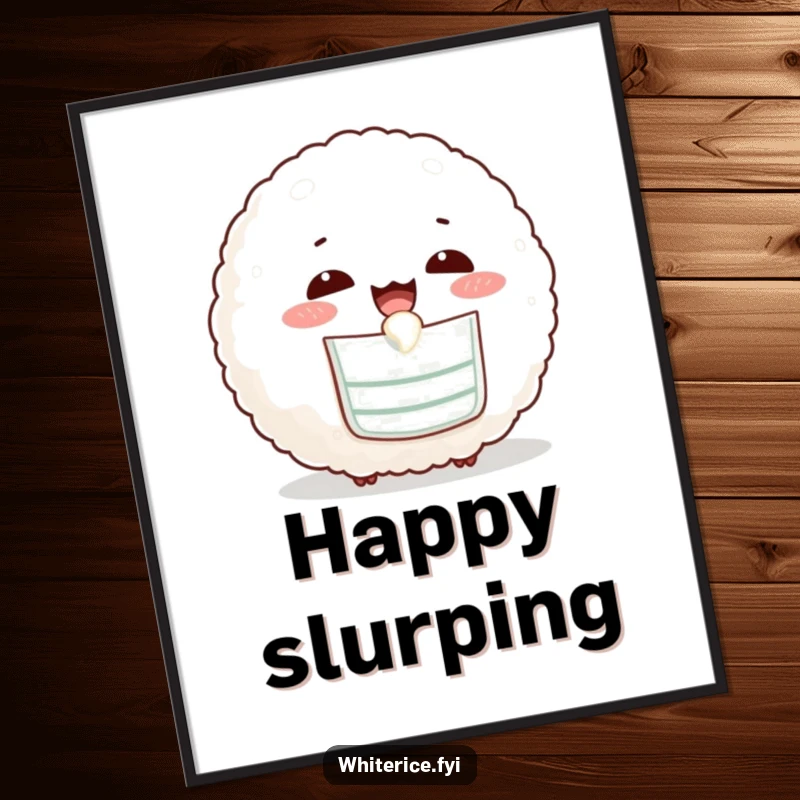 Funny poster of a cute rice ball wearing a bib, happily slurping, adding charm to walls.
