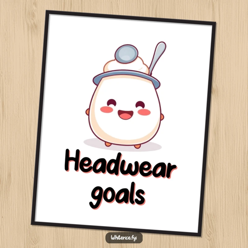 Funny poster showcasing a jovial rice pudding with a spoon for a hat, bringing a smile and whimsical charm to any room.