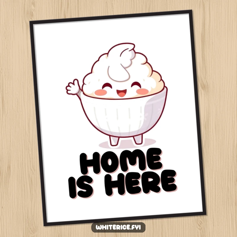 Funny poster depicting a delighted white rice bowl character with an open, welcoming gesture, perfect for cheerful wall decor.