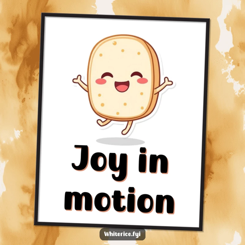 Funny poster illustrating a happy, anthropomorphic rice cake character bouncing energetically, adding a burst of joy to any room.