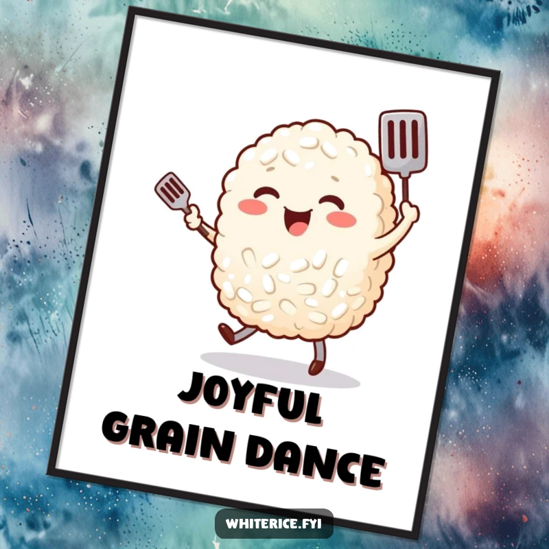 Funny, plump grain of rice character joyfully dancing with a tiny spatula, presented as a cheerful art print.